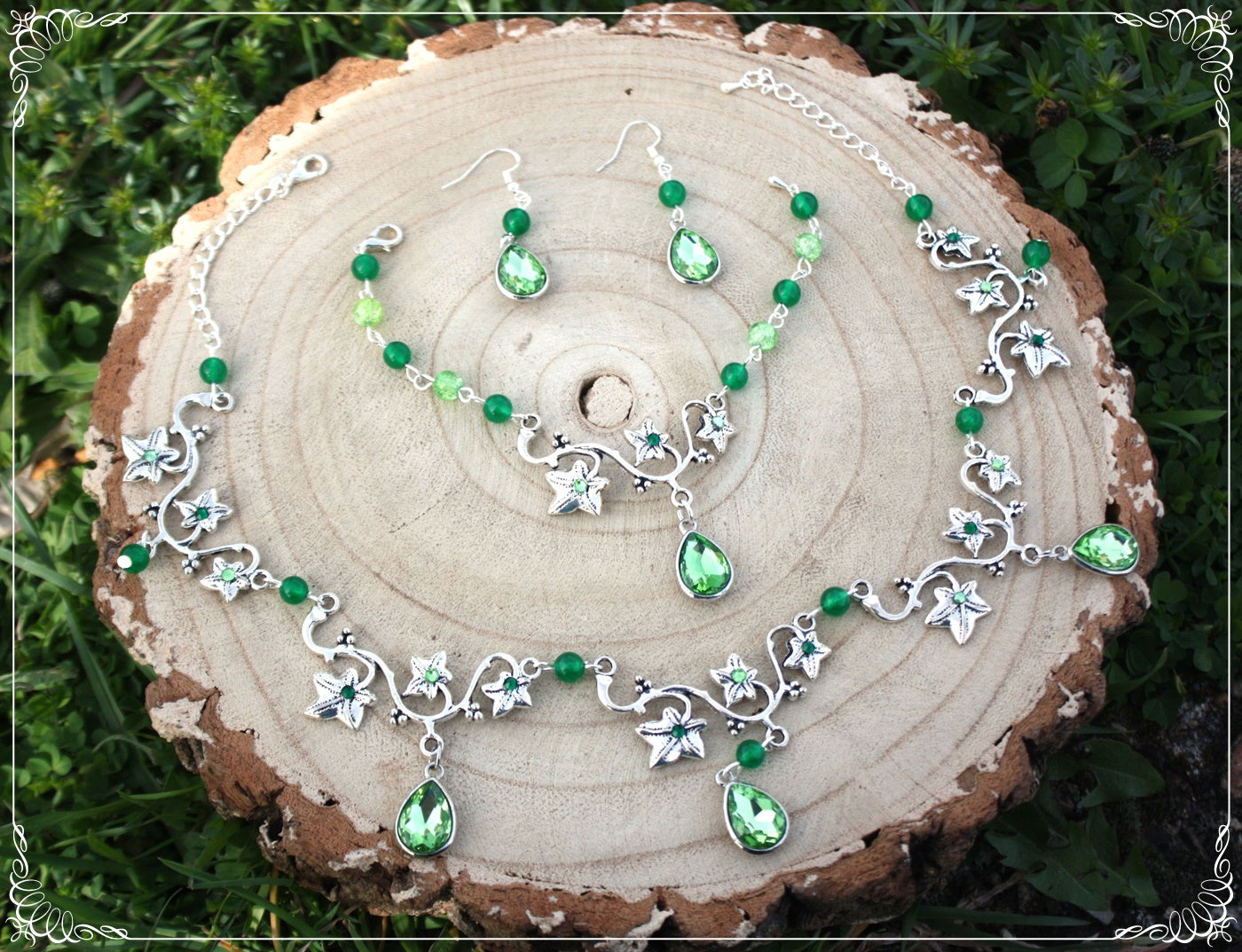 Parure feuilles de lierre breloques gouttes strass et perles