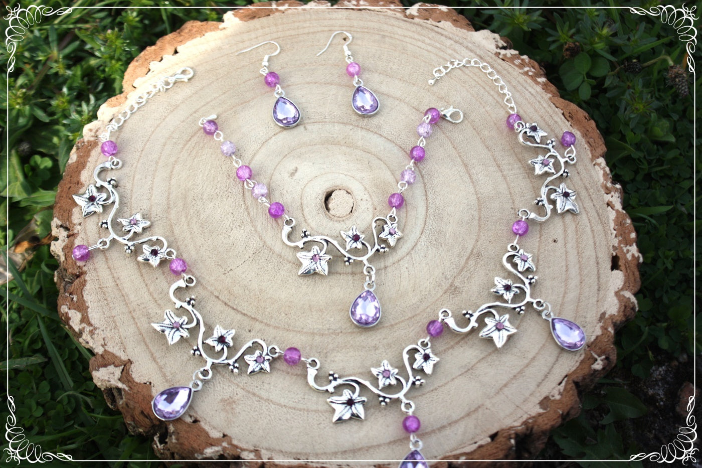 Parure feuilles de lierre breloques gouttes strass et perles