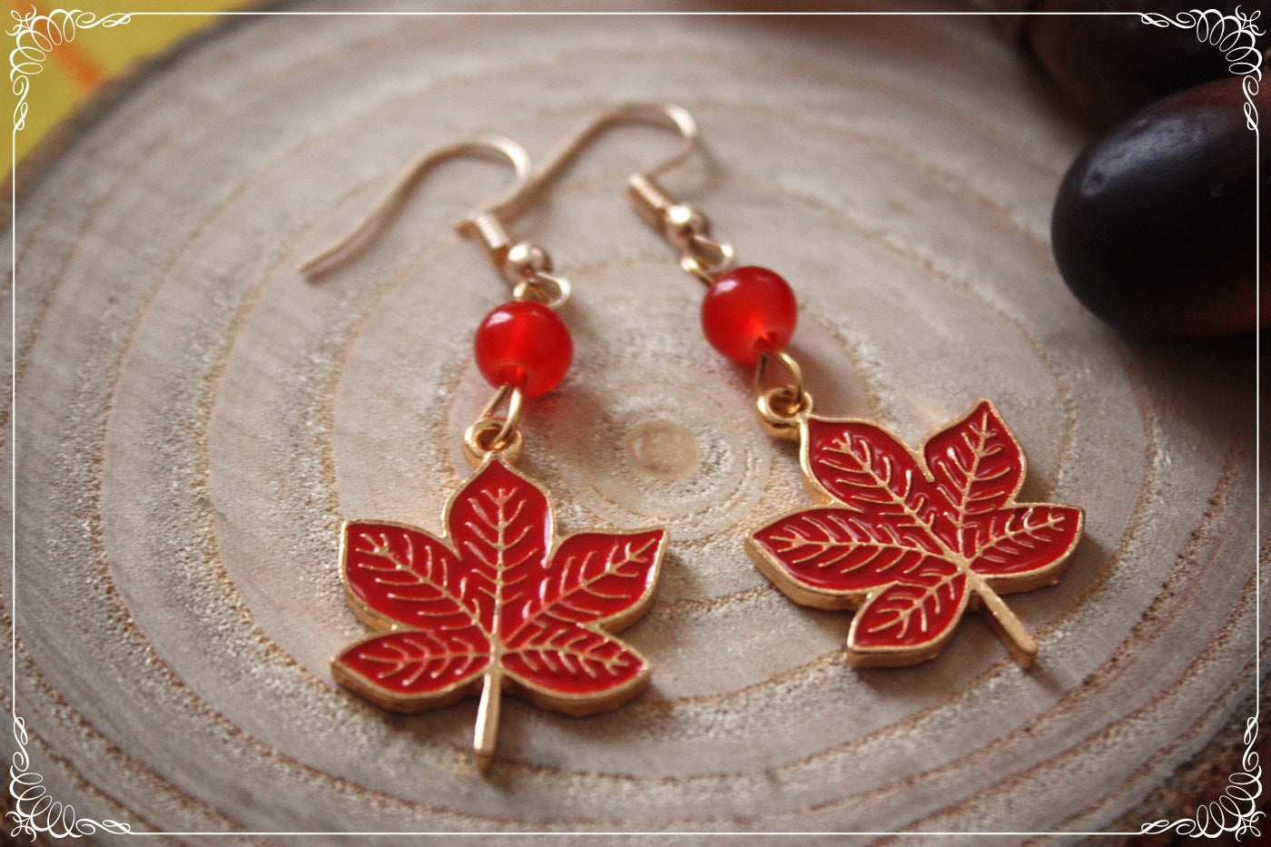 Boucles d'oreilles pendantes Automne feuilles érables rouges oranges jaunes