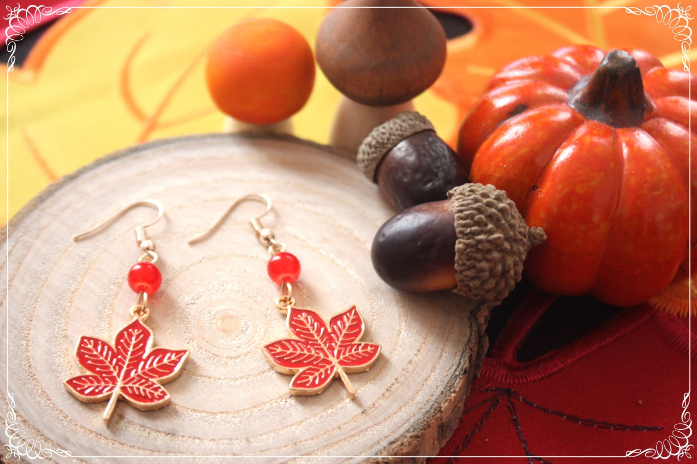 Boucles d'oreilles pendantes Automne feuilles érables rouges oranges jaunes