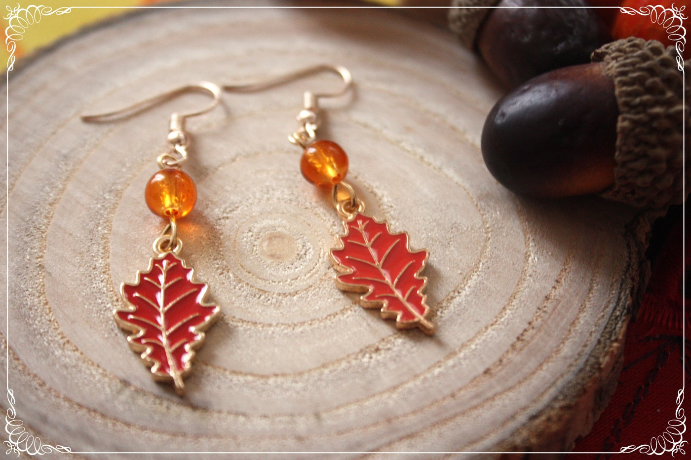 Boucles d'oreilles pendantes Automne feuilles érables rouges oranges jaunes