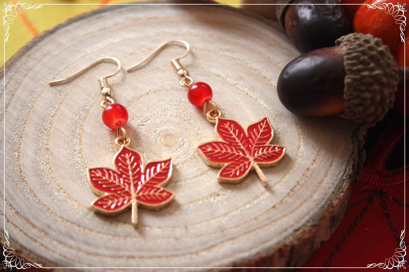 Boucles d'oreilles pendantes Automne feuilles érables rouges oranges jaunes