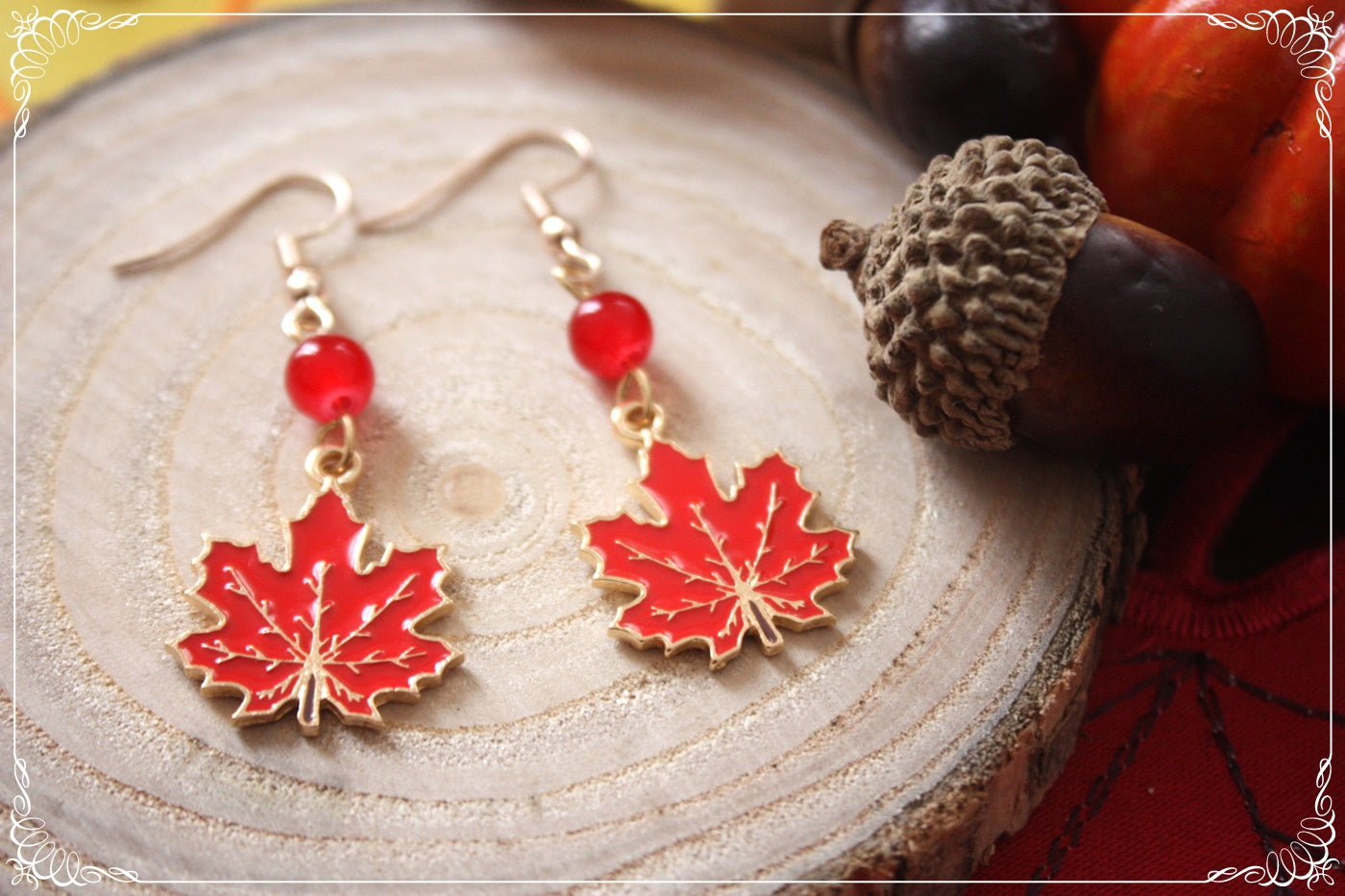 Boucles d'oreilles pendantes Automne feuilles érables rouges oranges jaunes