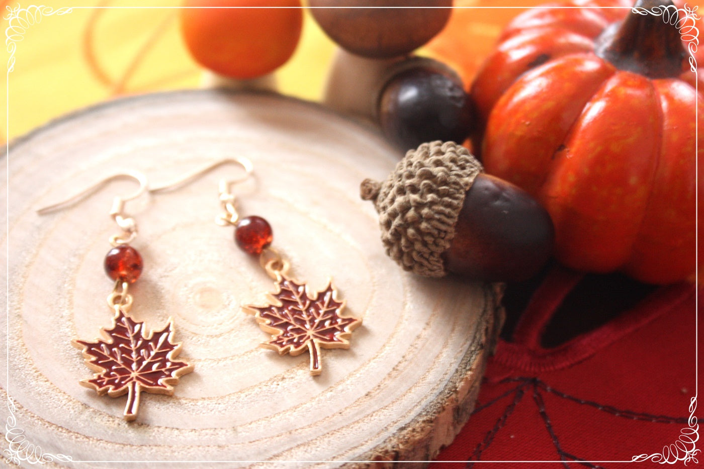 Boucles d'oreilles pendantes Automne feuilles érables rouges oranges jaunes