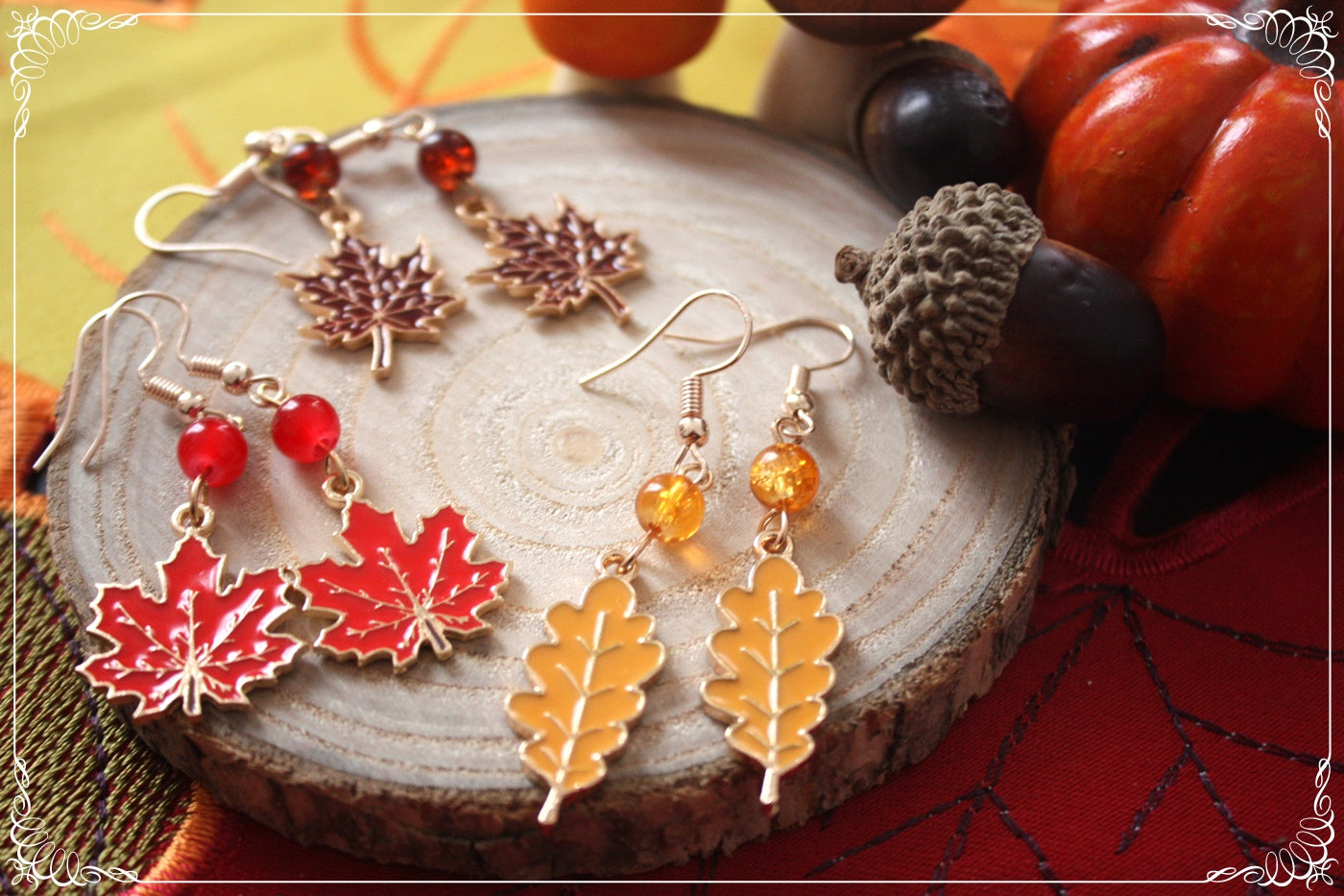 Boucles d'oreilles pendantes Automne feuilles érables rouges oranges jaunes