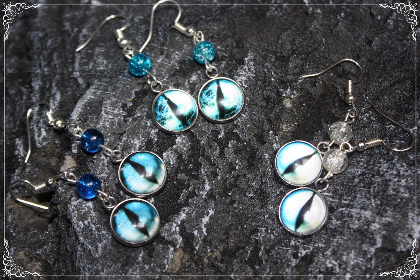 Boucles d'oreilles "Oeil de dragon et perles - Bleu"