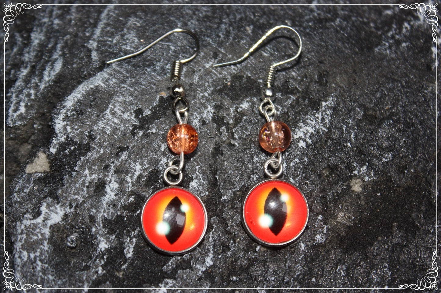 Boucles d'oreilles "Oeil de dragon et perles - Rouge - Orange "