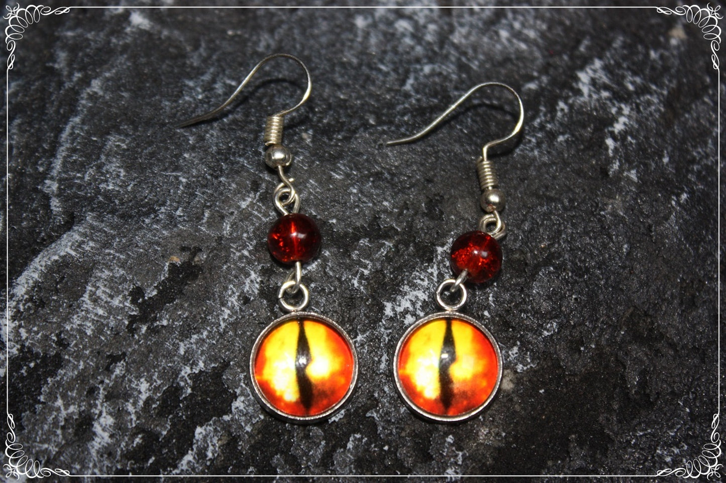 Boucles d'oreilles "Oeil de dragon et perles - Rouge - Orange "