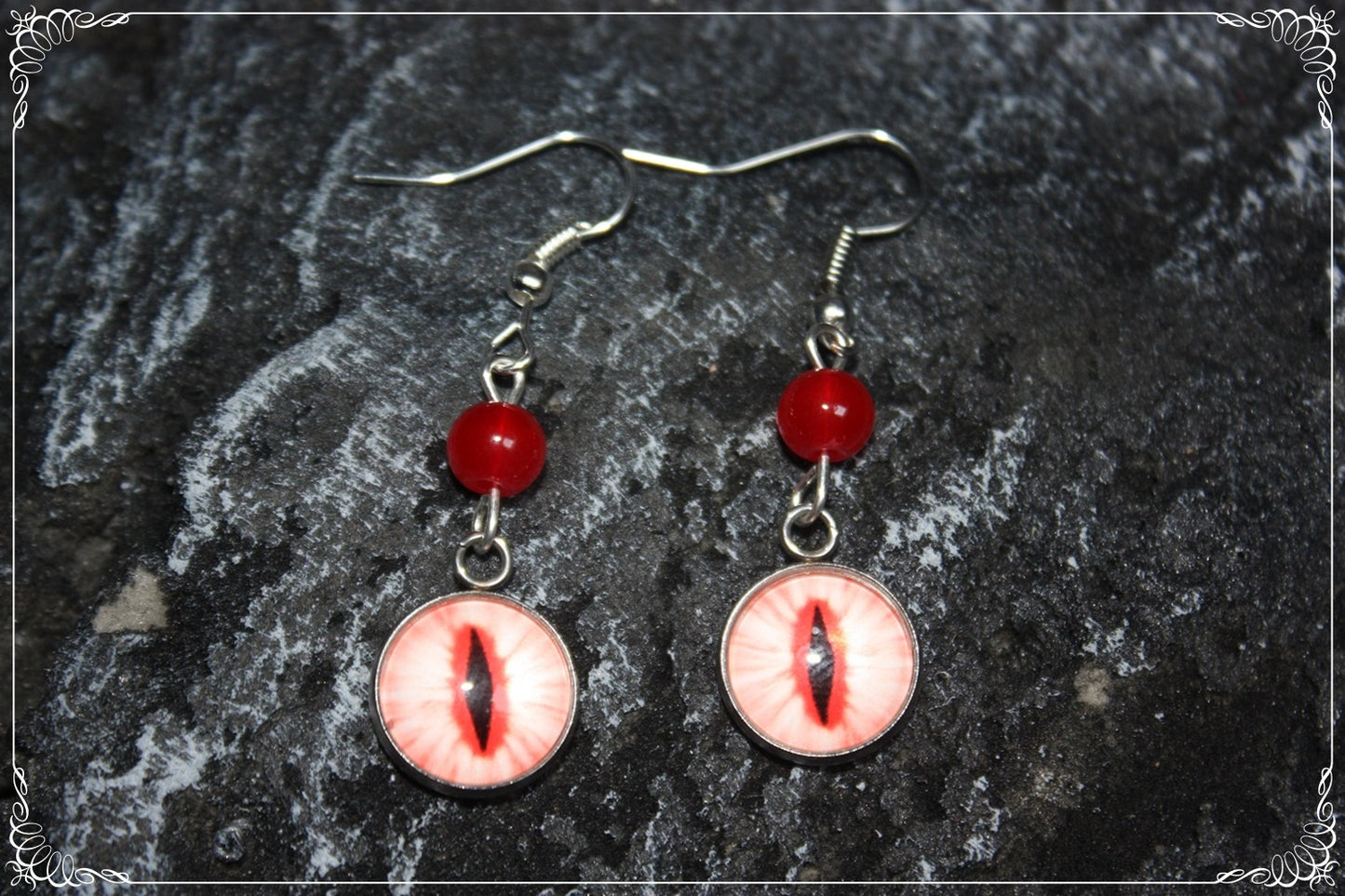 Boucles d'oreilles "Oeil de dragon et perles - Rouge - Orange "
