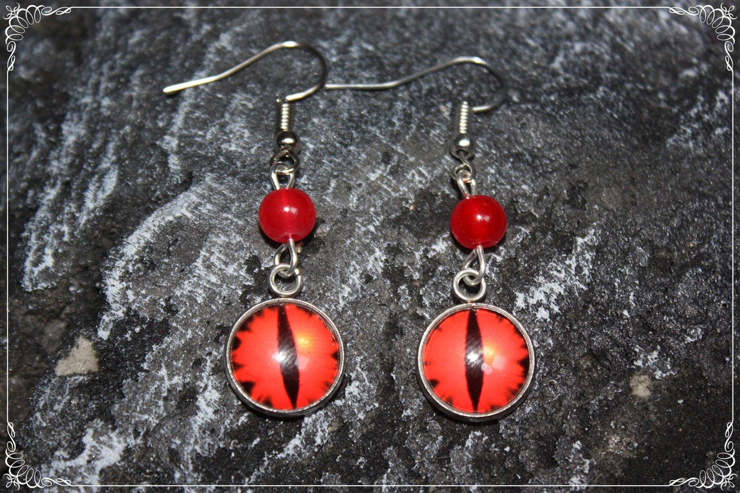 Boucles d'oreilles "Oeil de dragon et perles - Rouge - Orange "