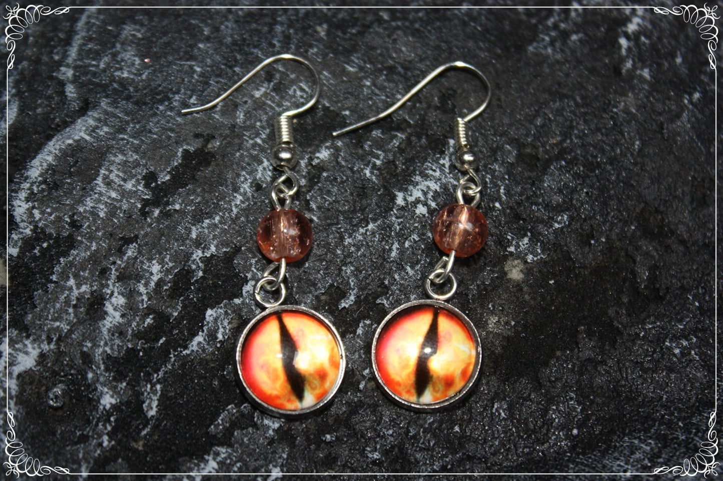 Boucles d'oreilles "Oeil de dragon et perles - Rouge - Orange "