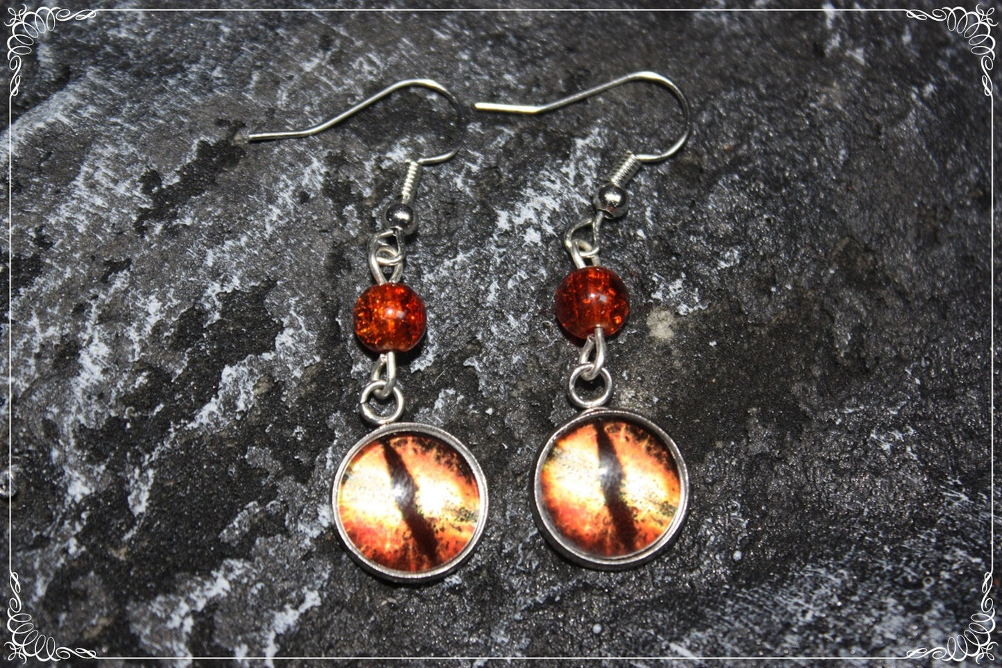 Boucles d'oreilles "Oeil de dragon et perles - Rouge - Orange "