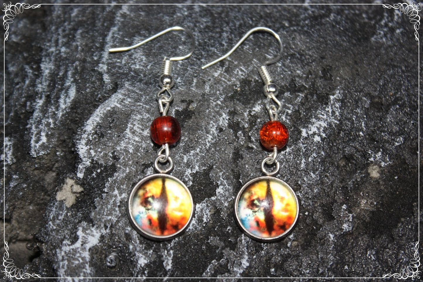 Boucles d'oreilles "Oeil de dragon et perles - Rouge - Orange "