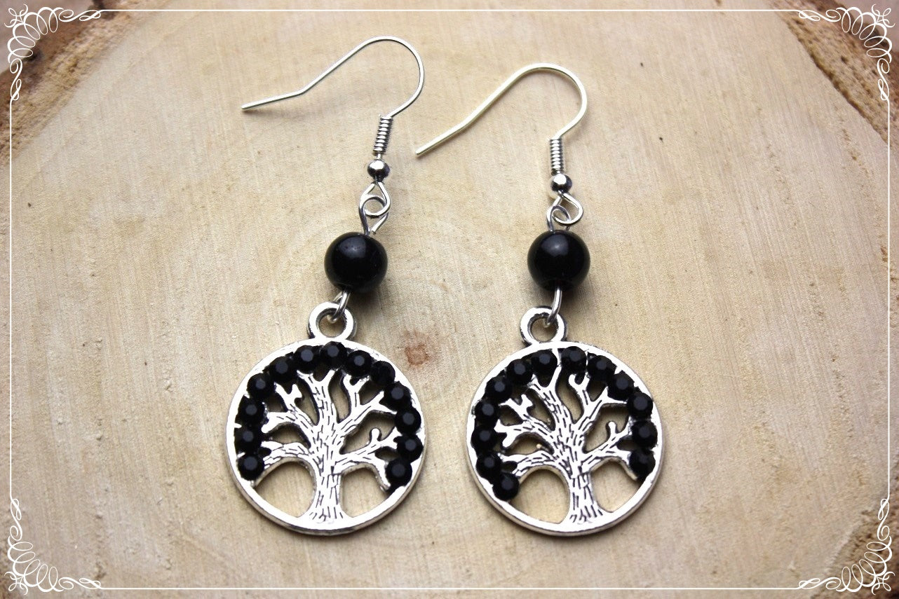 Boucles d'oreilles "Arbres" - perles et strass - argenté