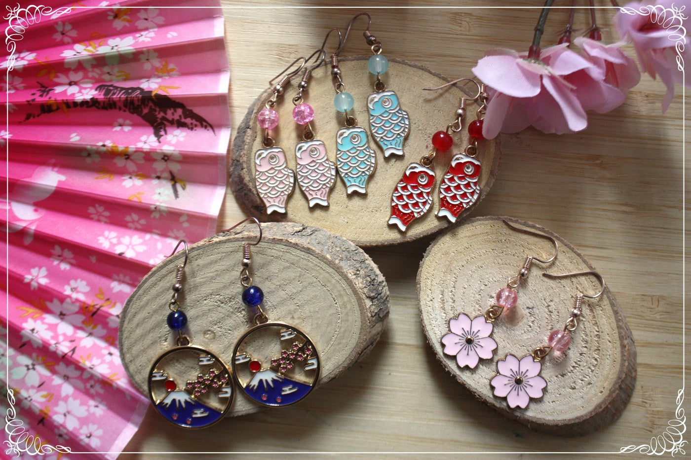Boucles d'oreilles Japon "Mont Fuji - Carpes koï "