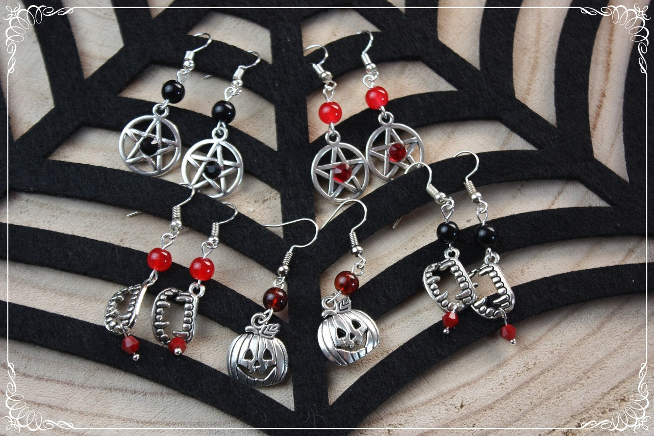 Boucles d'oreilles pendantes Halloween pentacles dents de vampire citrouille
