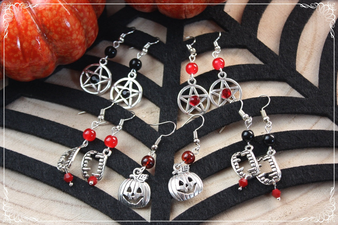 Boucles d'oreilles pendantes Halloween pentacles dents de vampire citrouille