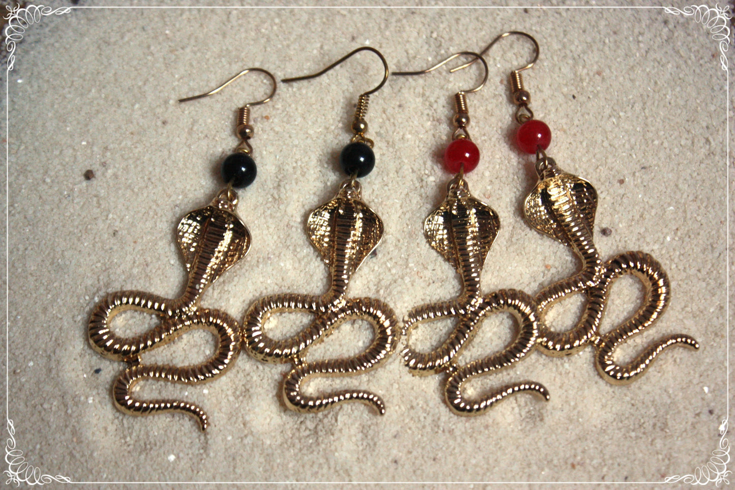 Boucles d'oreilles "Serpents dorés et perles" - égyptiens orientalisants