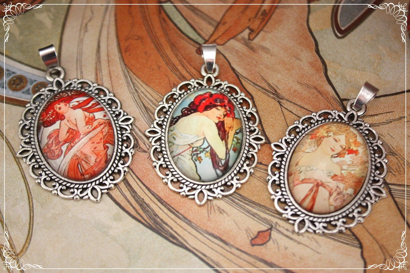 Petits Pendentifs "Mucha - Art Nouveau - Argent"