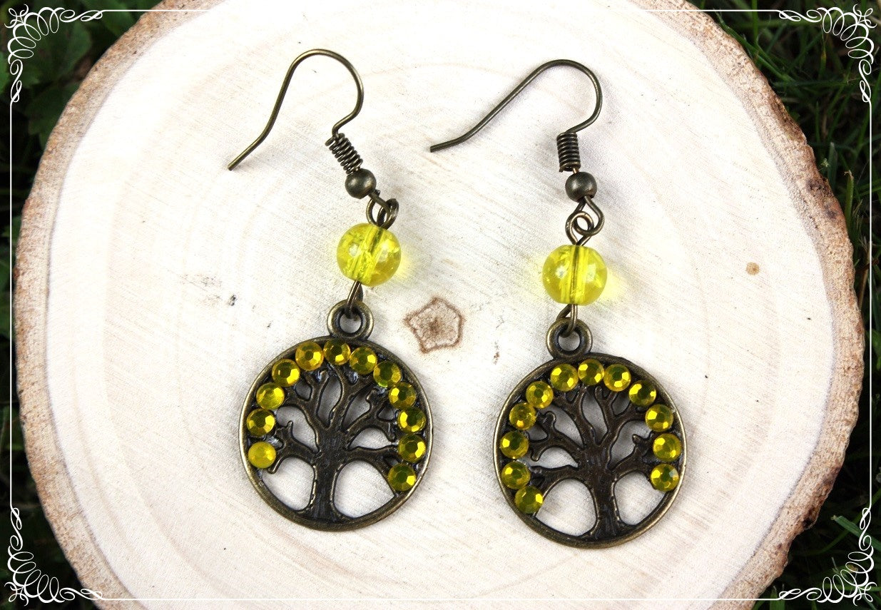Boucles d'oreilles "Arbres" - perles et strass - bronze