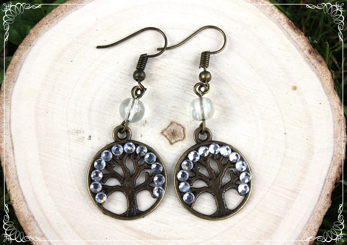 Boucles d'oreilles "Arbres" - perles et strass - bronze
