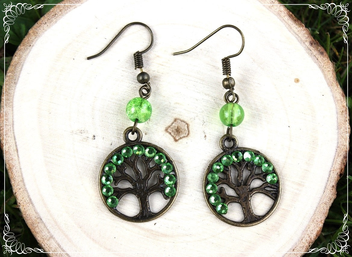 Boucles d'oreilles "Arbres" - perles et strass - bronze
