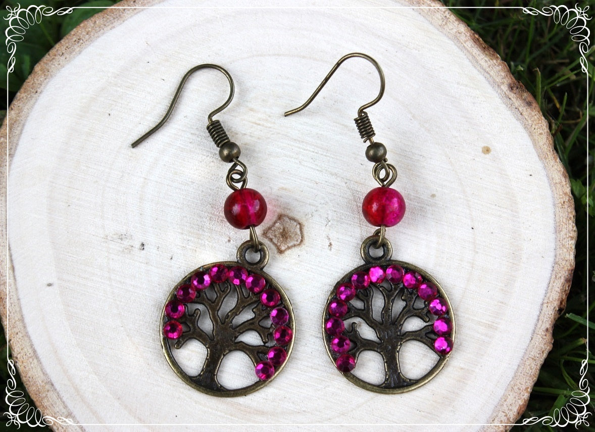 Boucles d'oreilles "Arbres" - perles et strass - bronze