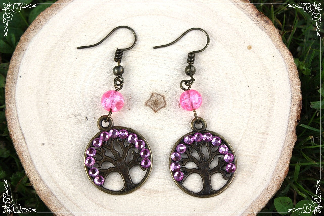 Boucles d'oreilles "Arbres" - perles et strass - bronze