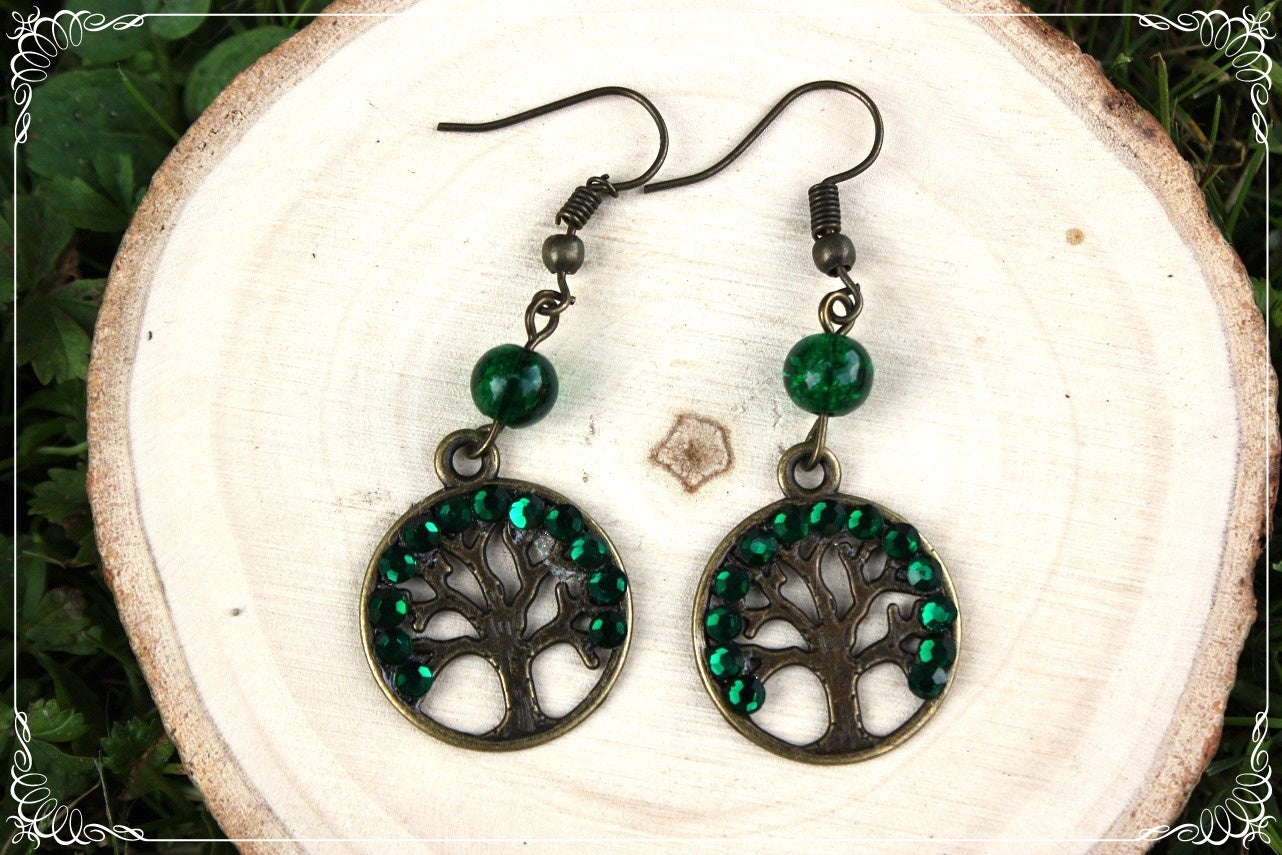 Boucles d'oreilles "Arbres" - perles et strass - bronze