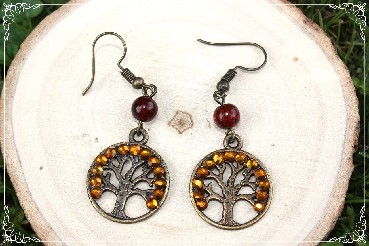 Boucles d'oreilles "Arbres" - perles et strass - bronze