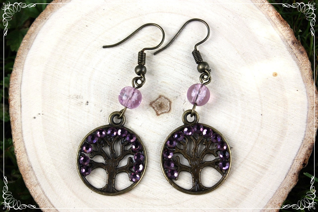 Boucles d'oreilles "Arbres" - perles et strass - bronze