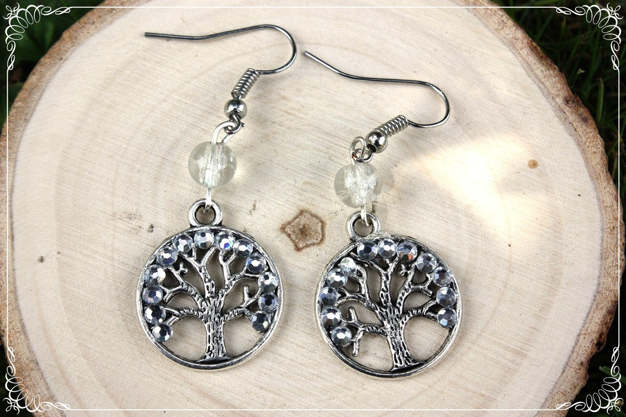 Boucles d'oreilles "Arbres" - perles et strass - argenté