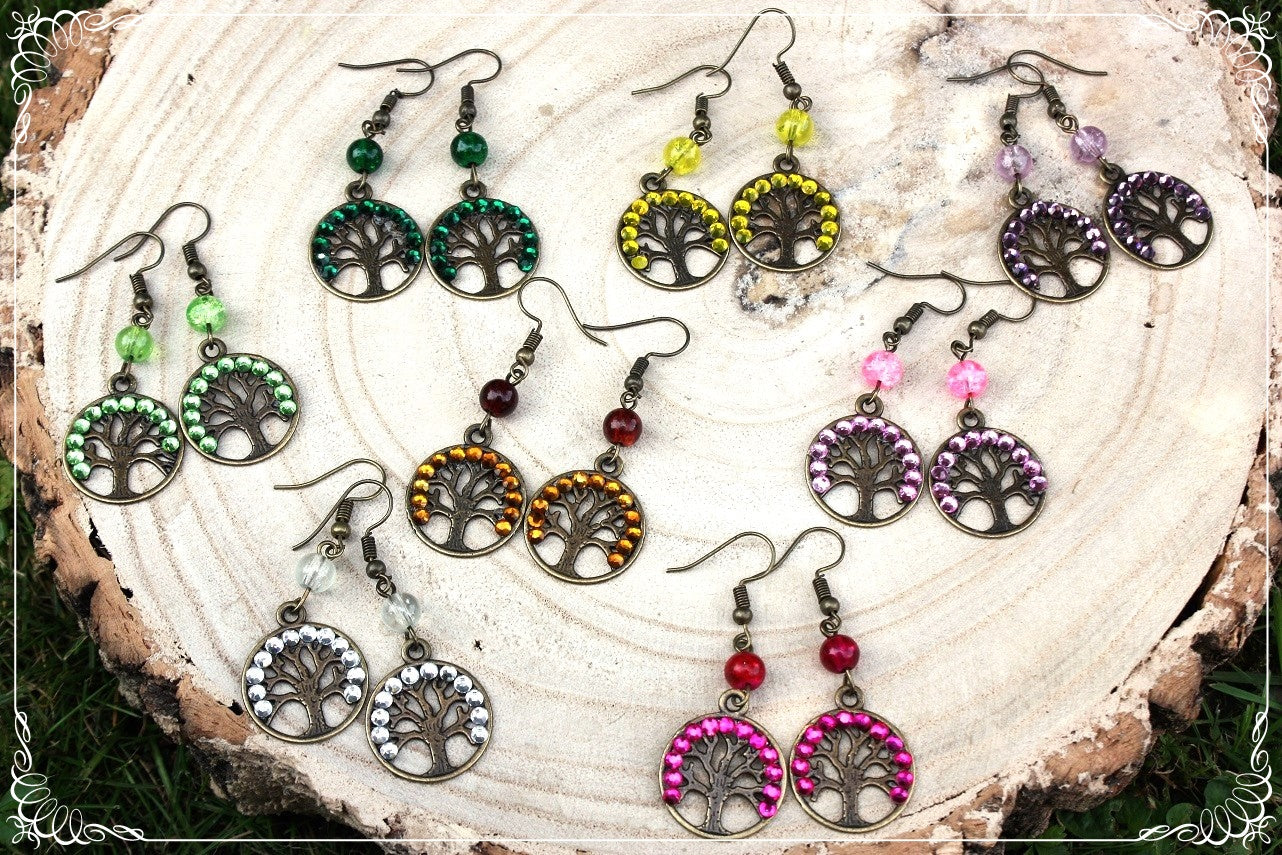 Boucles d'oreilles "Arbres" - perles et strass - bronze