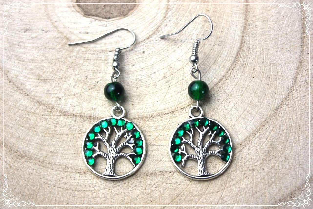 Boucles d'oreilles "Arbres" - perles et strass - argenté
