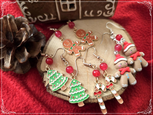 Boucles d'oreilles "Noël" pain d'épices, sucre d'orge et sapin