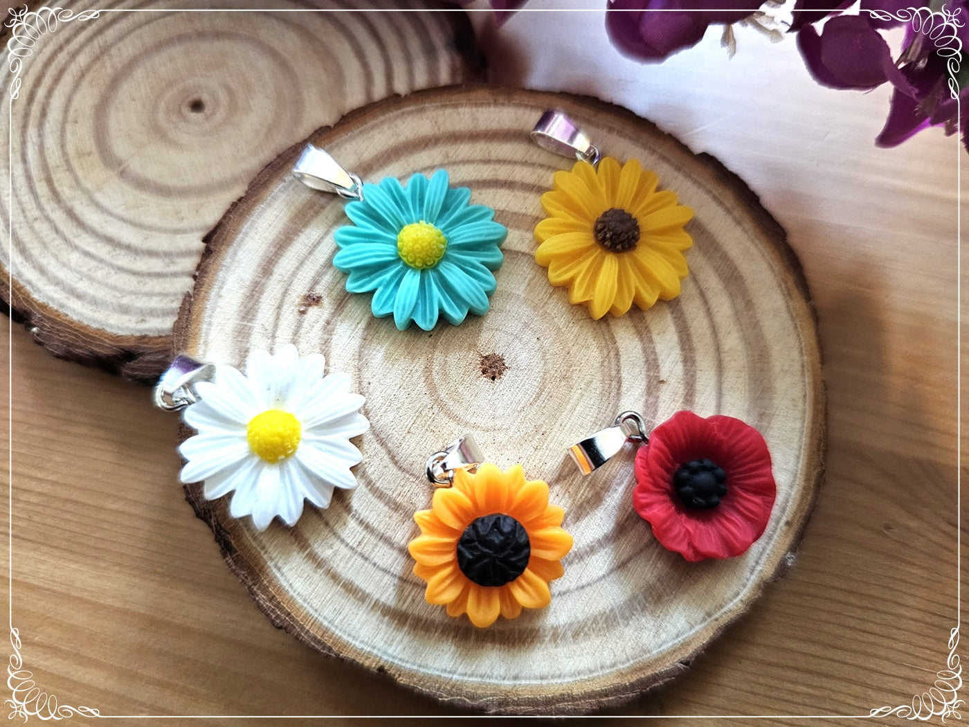 Pendentifs fleurs paquerettes marguerites coquelicots tournesols