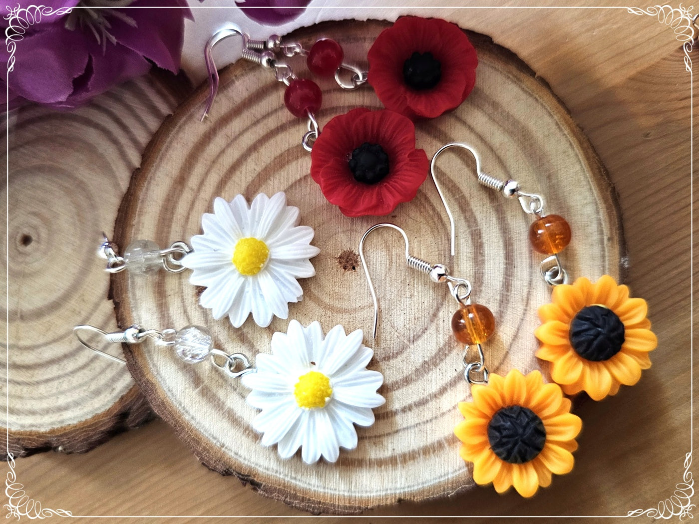 Boucles d'oreilles fleurs paquerettes marguerites coquelicots tournesols