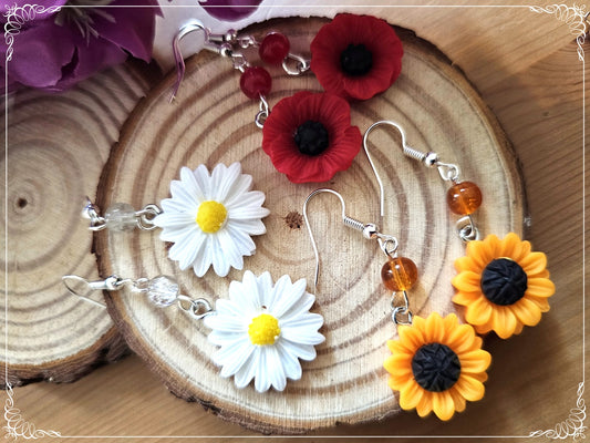 Boucles d'oreilles fleurs paquerettes marguerites coquelicots tournesols