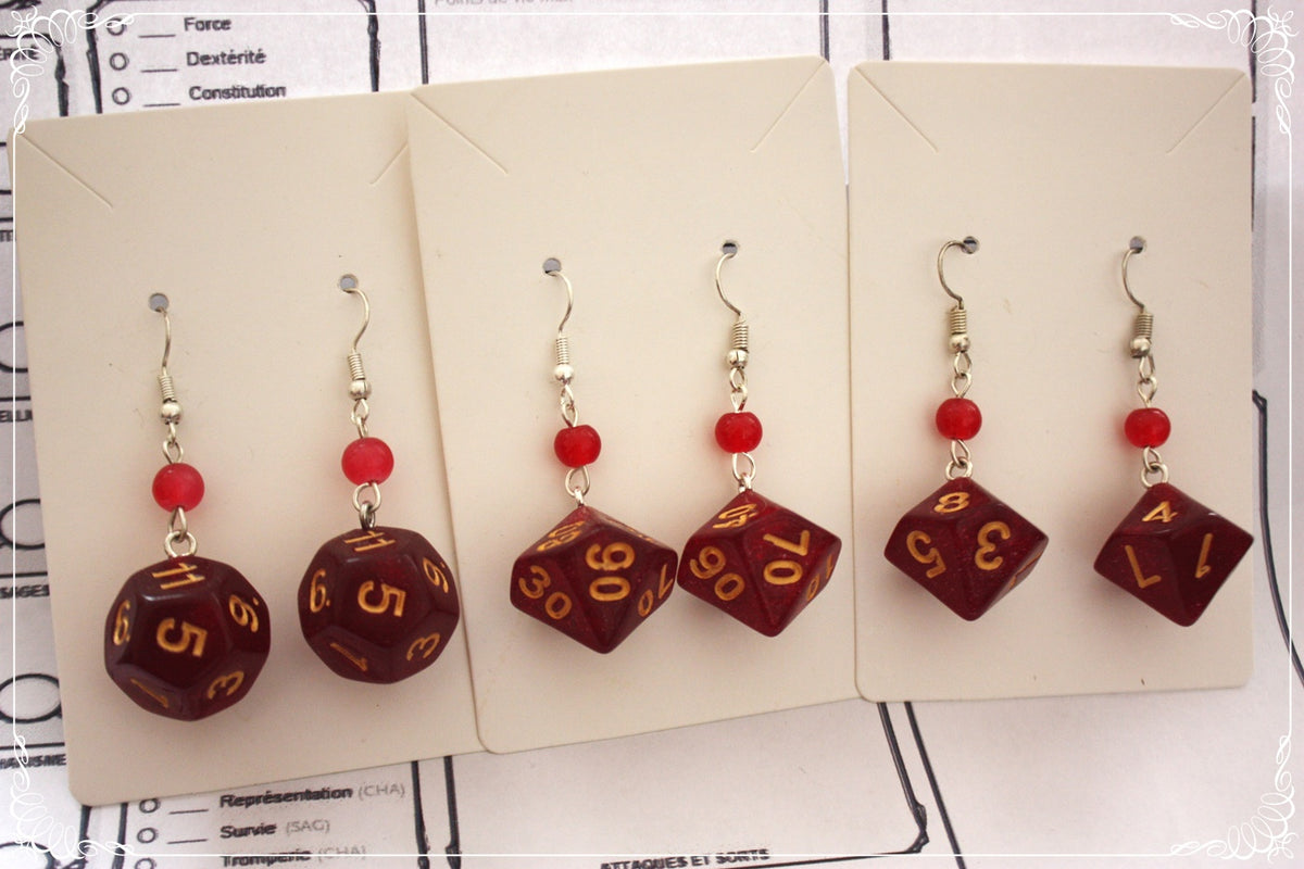 Boucles d'oreilles "Dés JDR - Roses - Rouges "