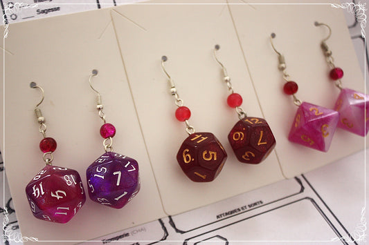 Boucles d'oreilles "Dés JDR - Roses - Rouges "