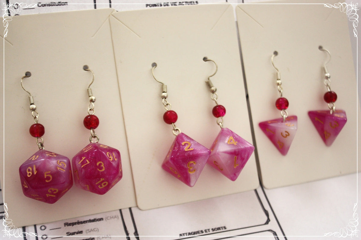 Boucles d'oreilles "Dés JDR - Roses - Rouges "