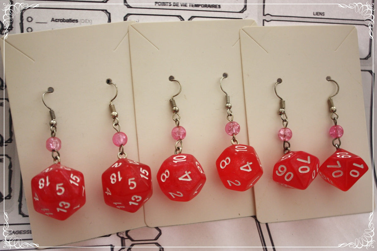 Boucles d'oreilles "Dés JDR - Roses - Rouges "