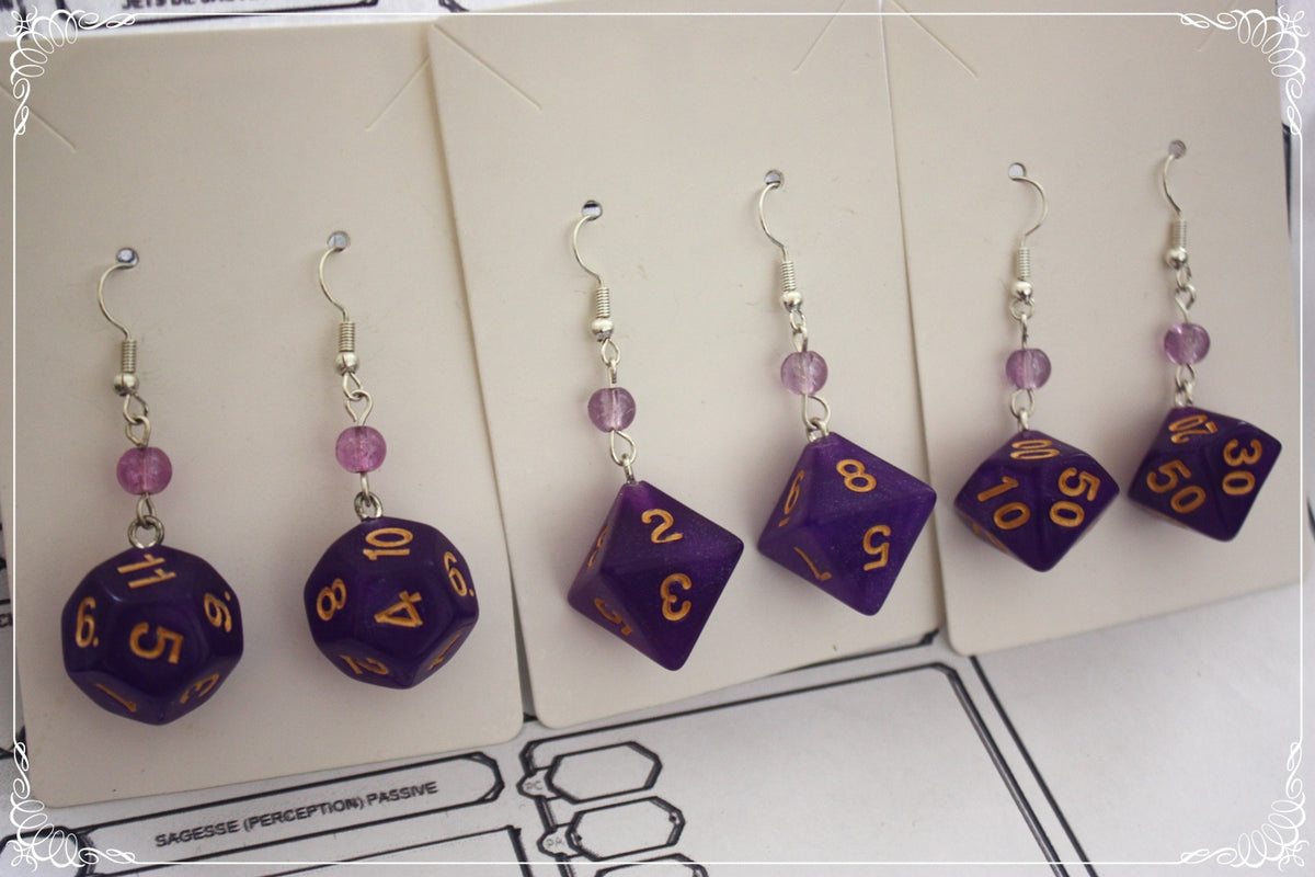 Boucles d'oreilles "Dés JDR - Violets "