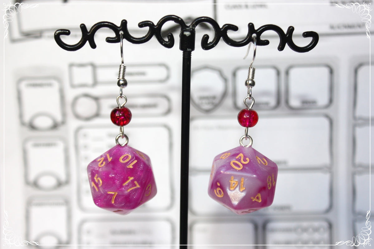 Boucles d'oreilles "Dés JDR - Roses - Rouges "