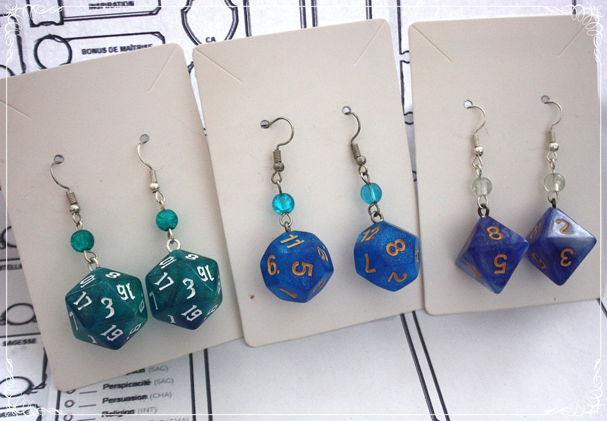 Pendentifs "Dés JDR - Bleus "