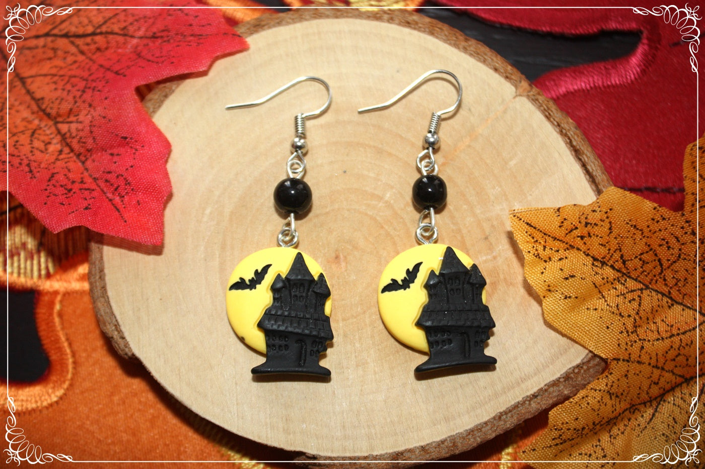 Boucles d'oreilles pendantes Halloween citrouille chat manoir sorcière fantôme