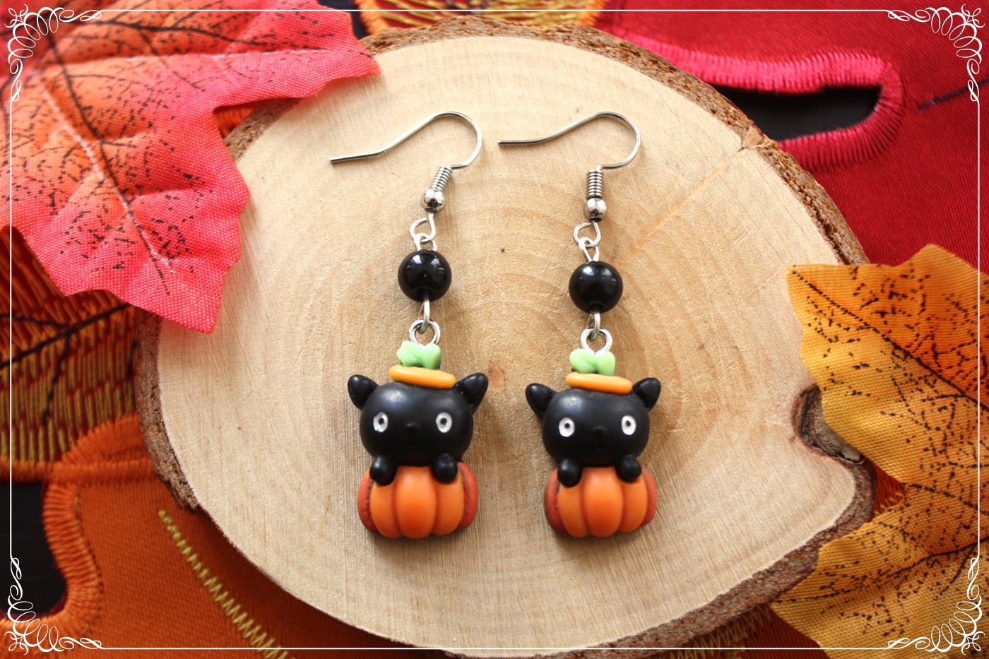 Boucles d'oreilles pendantes Halloween citrouille chat manoir sorcière fantôme