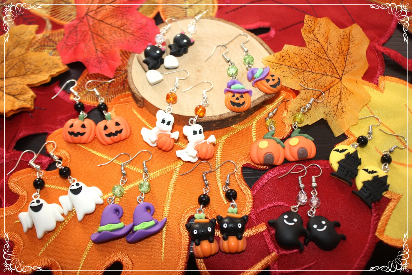 Boucles d'oreilles pendantes Halloween citrouille chat manoir sorcière fantôme