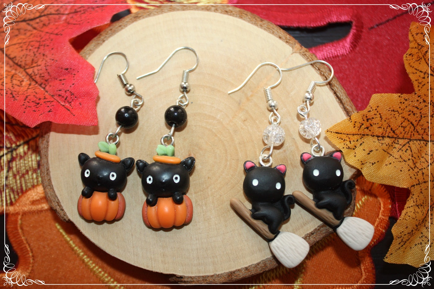 Boucles d'oreilles pendantes Halloween citrouille chat manoir sorcière fantôme