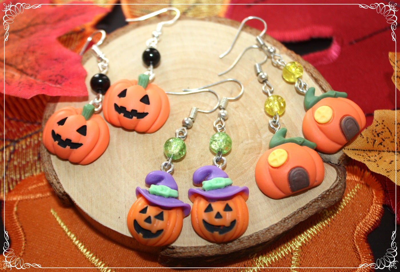 Boucles d'oreilles pendantes Halloween citrouille chat manoir sorcière fantôme